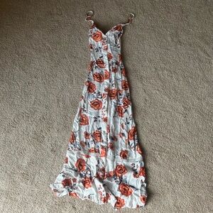 Summer Maxi Dress with Red-Orange and White Floral Pattern